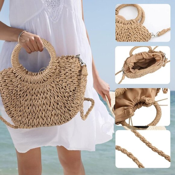 3 Pcs Semi Circle Rattan Straw Bag Straw Purses for Women Summer Beach Mini Tote - Picture 2 of 2